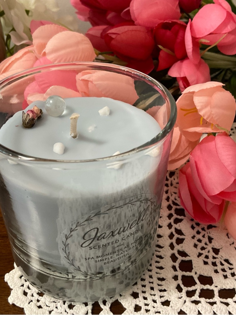 Jaxwell Light Blue twighlight mist Scented Glass Jar Candle with gold lid